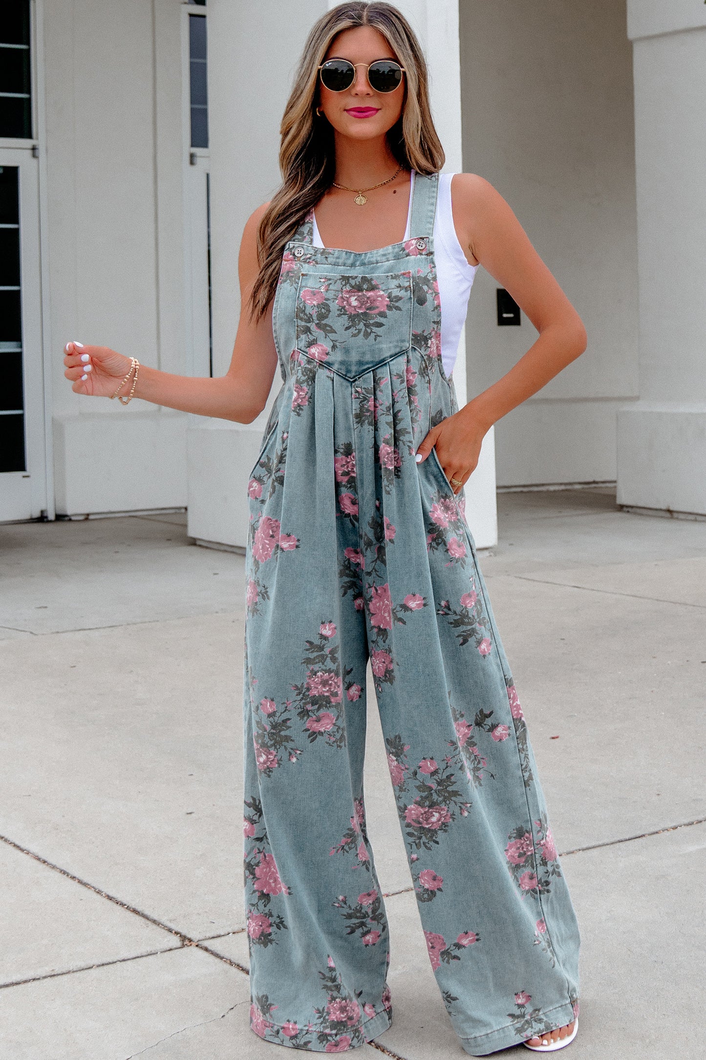 Blue Beau Floral Print Pleated High Waist Wide Leg Denim Jumpsuit-Bottoms/Jumpsuits & Rompers-[Adult]-[Female]-2022 Online Blue Zone Planet