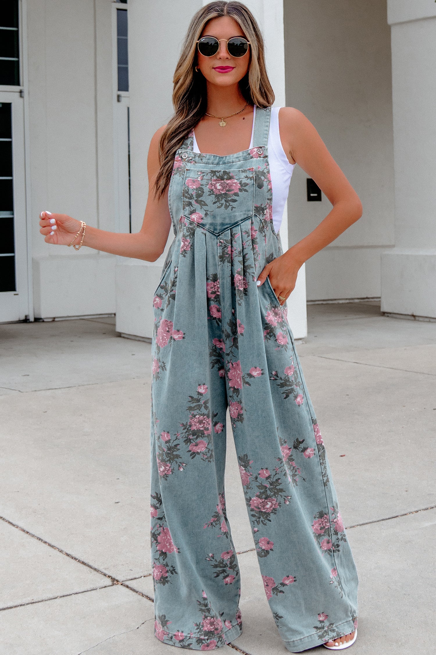 Blue Beau Floral Print Pleated High Waist Wide Leg Denim Jumpsuit-Bottoms/Jumpsuits & Rompers-[Adult]-[Female]-2022 Online Blue Zone Planet