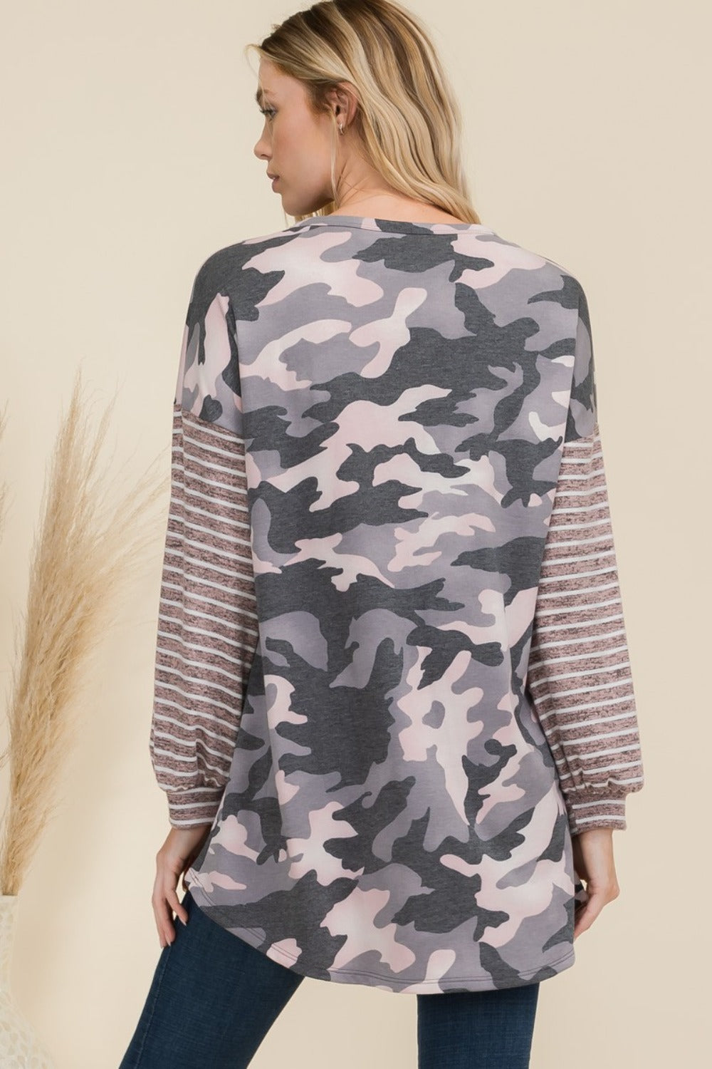 Celeste Full Size Camo Print High-Low T-Shirt with Stripe Sleeves-TOPS / DRESSES-[Adult]-[Female]-2022 Online Blue Zone Planet