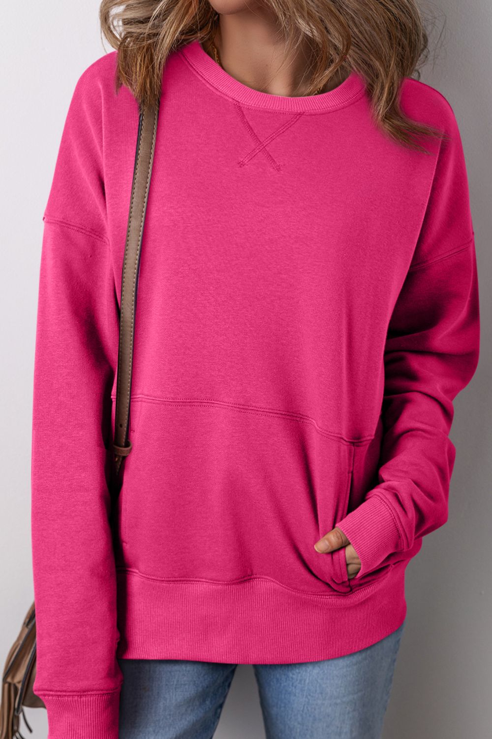 Blue Zone Planet | Solid Color Round Neck Long Sleeve Sweatshirt-TOPS / DRESSES-[Adult]-[Female]-Deep Rose-S-2022 Online Blue Zone Planet