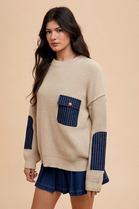 Blue Zone Planet | Annie Wear Contrast Round Neck Drop Shoulder Sweater with Patch Pocket-TOPS / DRESSES-[Adult]-[Female]-2022 Online Blue Zone Planet