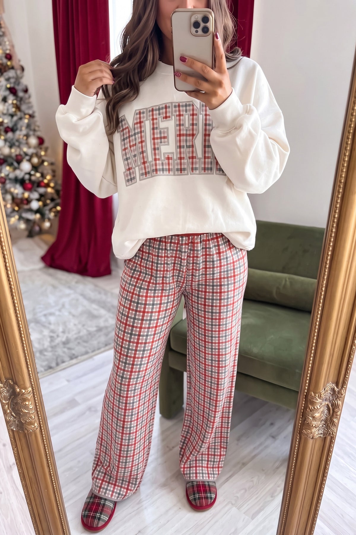 White Embroidered Plaid MERRY Sweatshirt-Tops/Sweatshirts & Hoodies-[Adult]-[Female]-2022 Online Blue Zone Planet