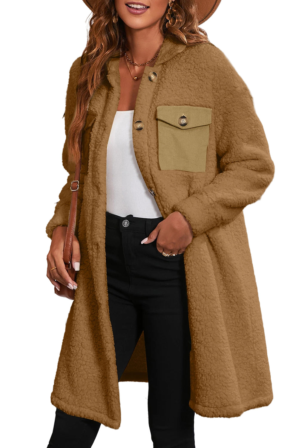 Khaki Contrast Flap Pocket Single Breasted Teddy Coat-Coats-[Adult]-[Female]-2022 Online Blue Zone Planet