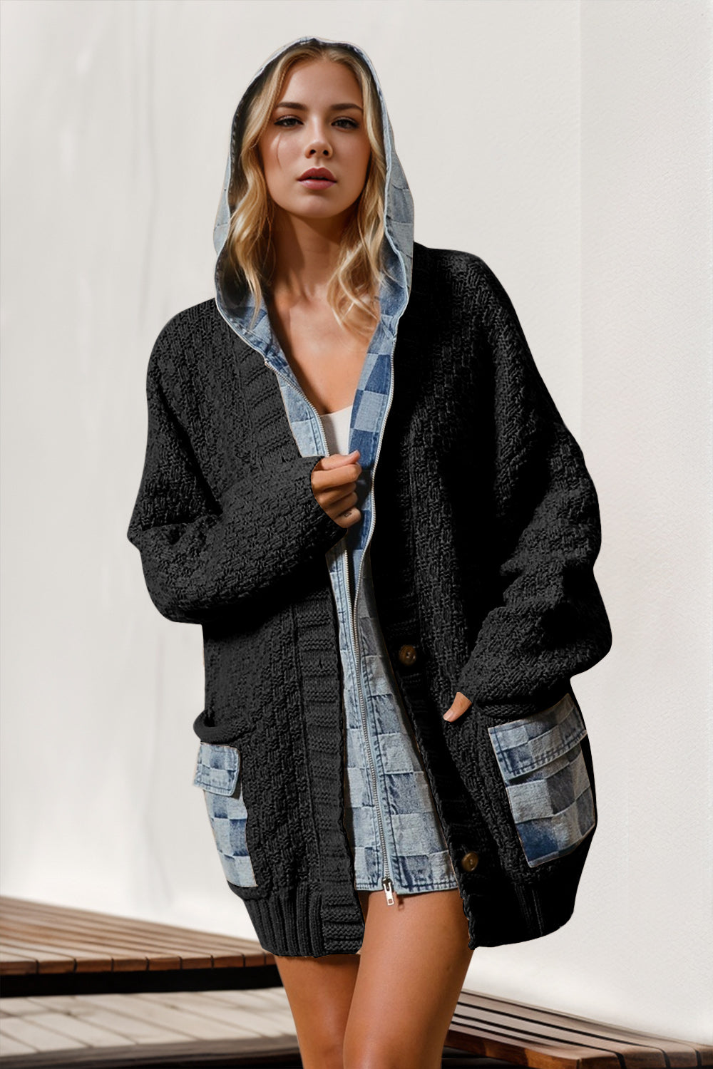 Double Take Full Size Hooded Denim Spliced Sweater Cardigan-TOPS / DRESSES-[Adult]-[Female]-Black-S/M-2022 Online Blue Zone Planet