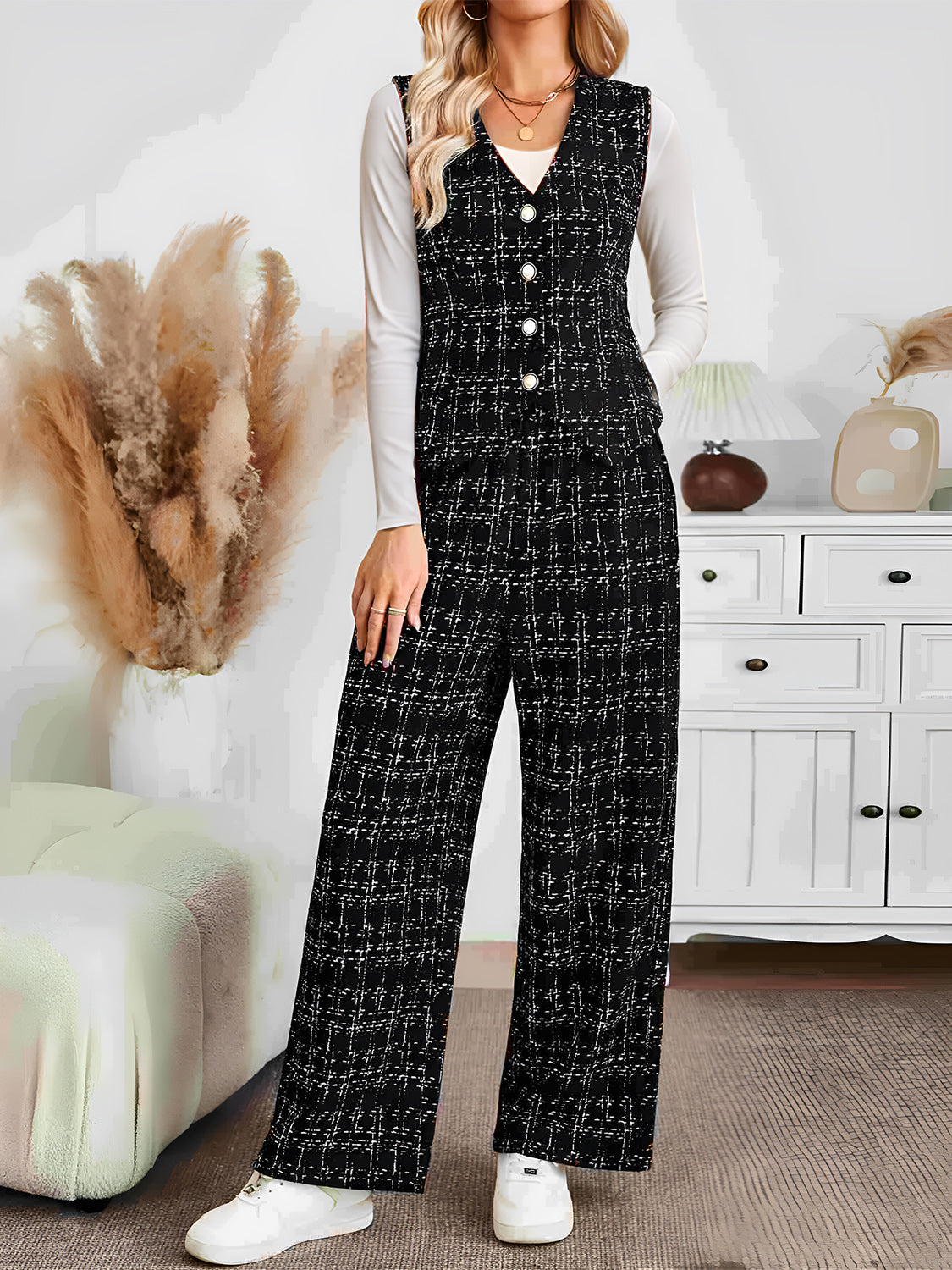 Blue Zone Planet | Plaid V-Neck Button Up Vest and Pants Set-TOPS / DRESSES-[Adult]-[Female]-Black-S-2022 Online Blue Zone Planet