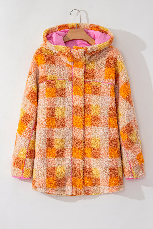 Ronda's Orange Checkered Sherpa Hooded Jacket-Outerwear/Jackets-[Adult]-[Female]-2022 Online Blue Zone Planet