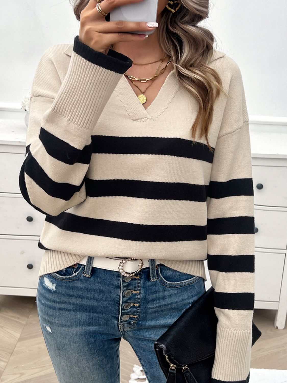 Striped Collared Neck Long Sleeve Sweater-TOPS / DRESSES-[Adult]-[Female]-2022 Online Blue Zone Planet