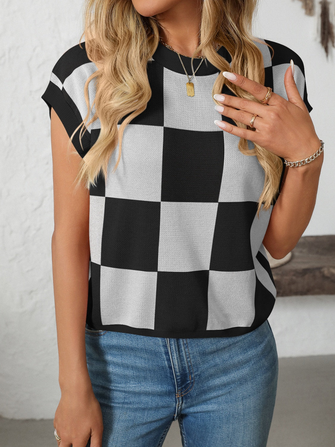 Mandy Checkered Round Neck Cap Sleeve Knit Top-TOPS / DRESSES-[Adult]-[Female]-2022 Online Blue Zone Planet