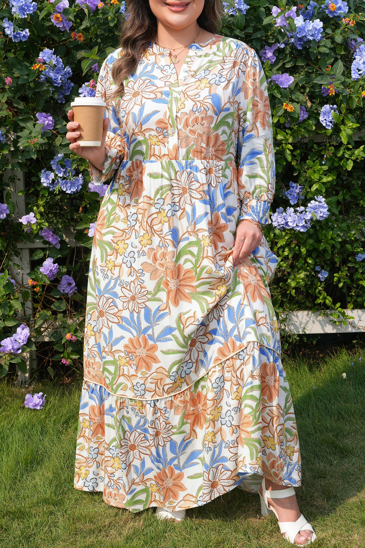 Khaki Floral Print 3/4 Sleeves Tiered Plus Size Long Dress-TOPS / DRESSES-[Adult]-[Female]-2022 Online Blue Zone Planet