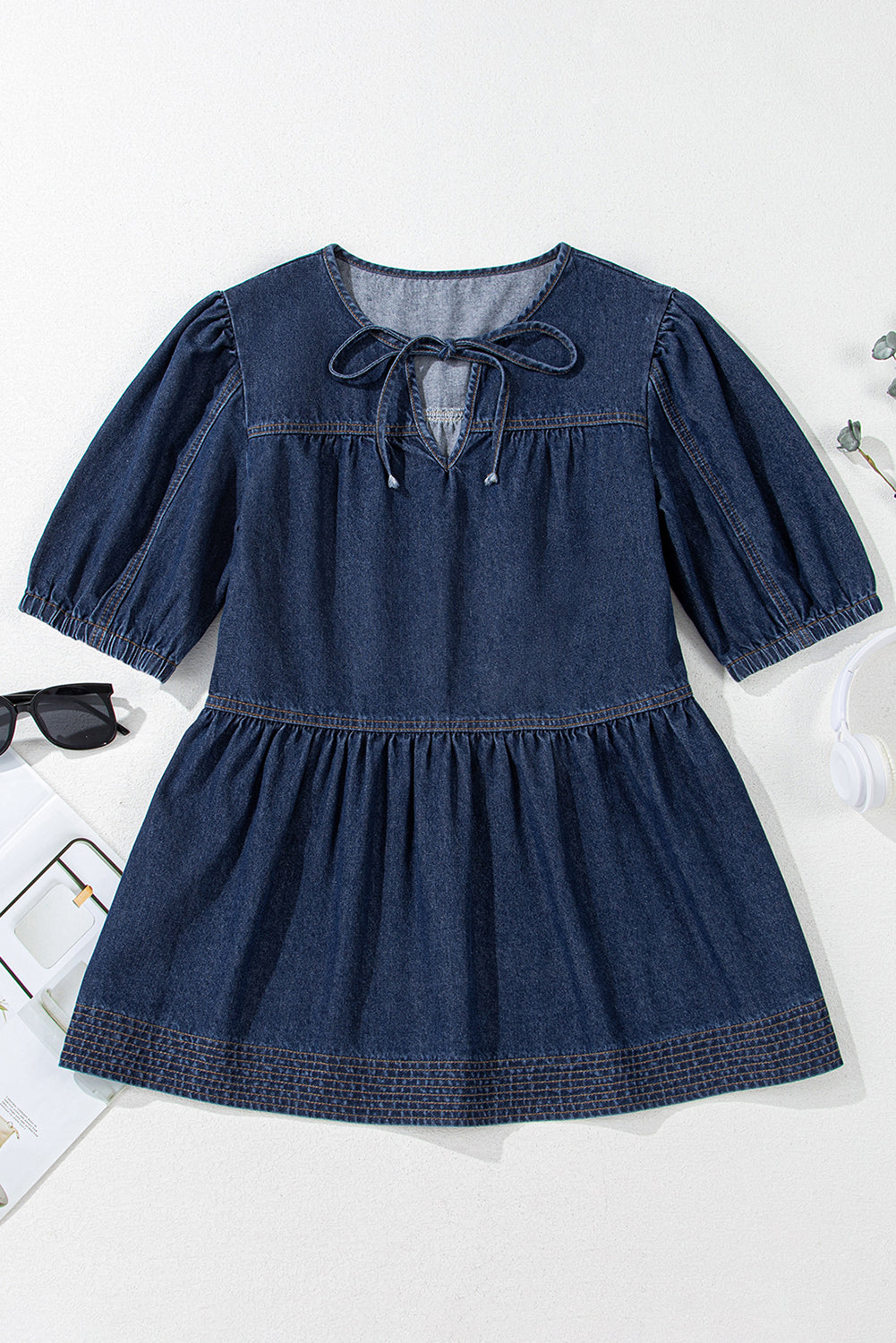 Sail Blue Puff Sleeve Lace-up Neckline Splicing Denim Blouse-Blouses-[Adult]-[Female]-2022 Online Blue Zone Planet