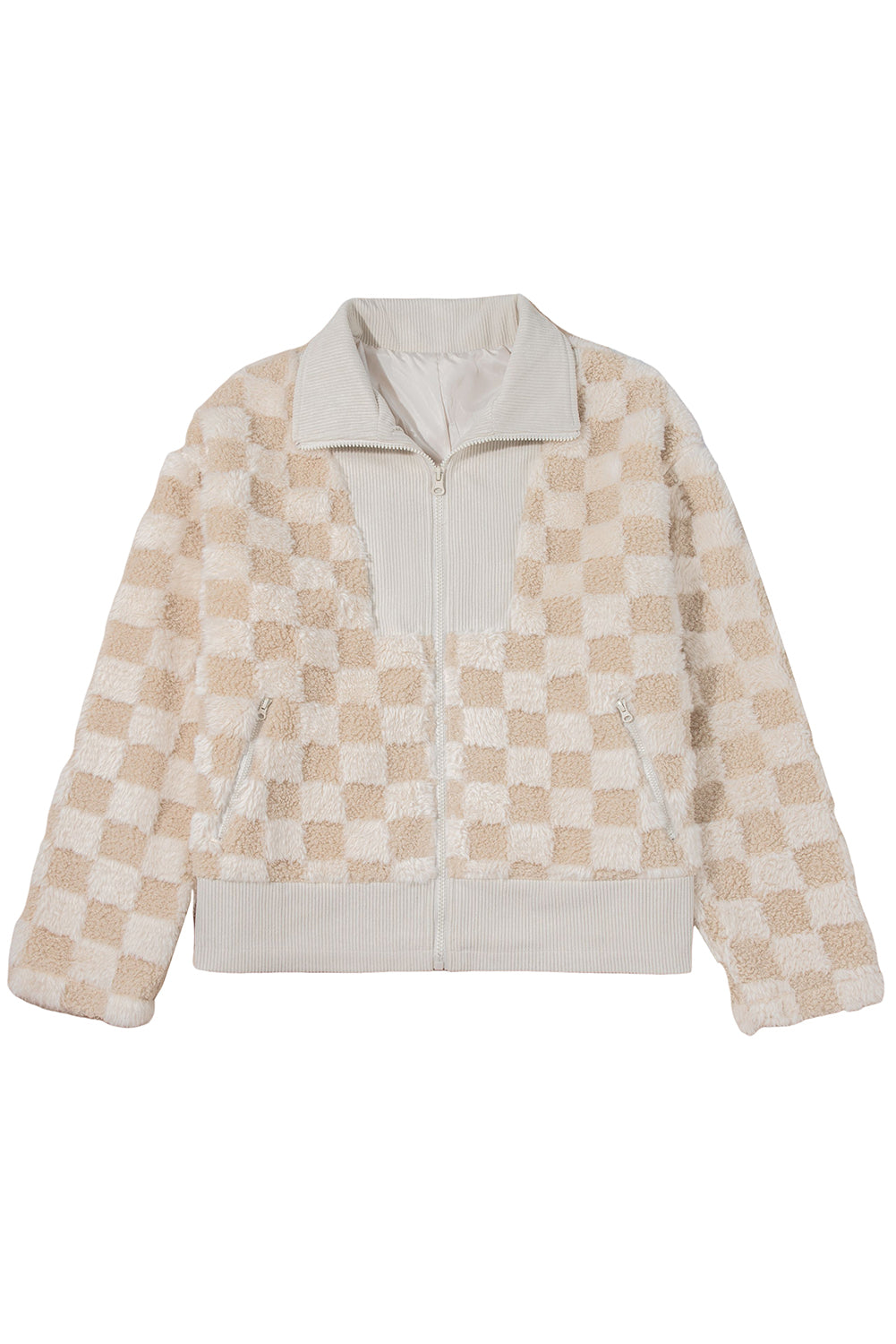 Khaki Checker Sherpa Corduroy Patchwork Zip up Collared Jacket-Outerwear/Jackets-[Adult]-[Female]-2022 Online Blue Zone Planet