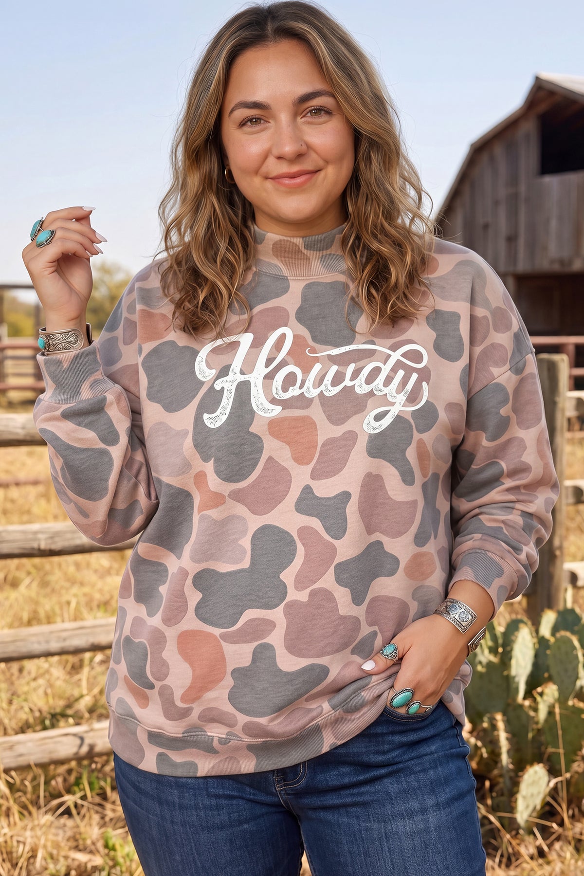 Multicolour Camouflage Western Graphic Plus Size Sweatshirt-Plus Size/Plus Size Sweatshirts & Hoodies-[Adult]-[Female]-2022 Online Blue Zone Planet
