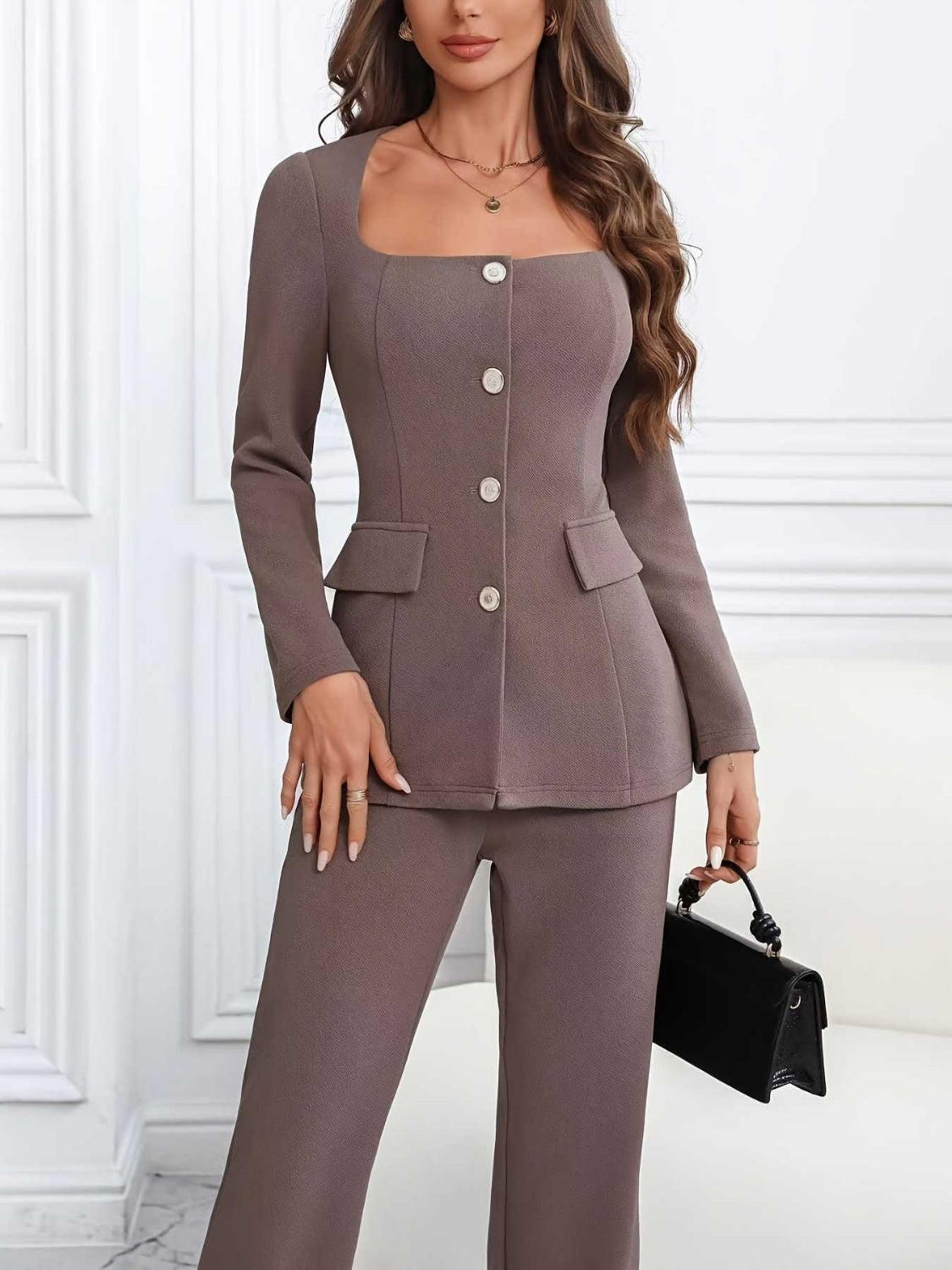 Blue Zone Planet | Square Neck Button Up Blazer and Pants Set-TOPS / DRESSES-[Adult]-[Female]-2022 Online Blue Zone Planet