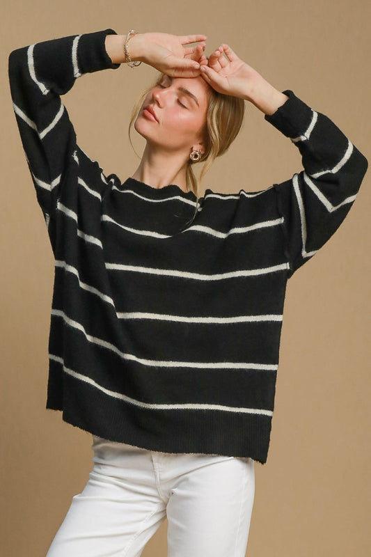 Umgee Wool Blend Striped Round Neck Sweater-TOPS / DRESSES-[Adult]-[Female]-Black/Cream-S-2022 Online Blue Zone Planet