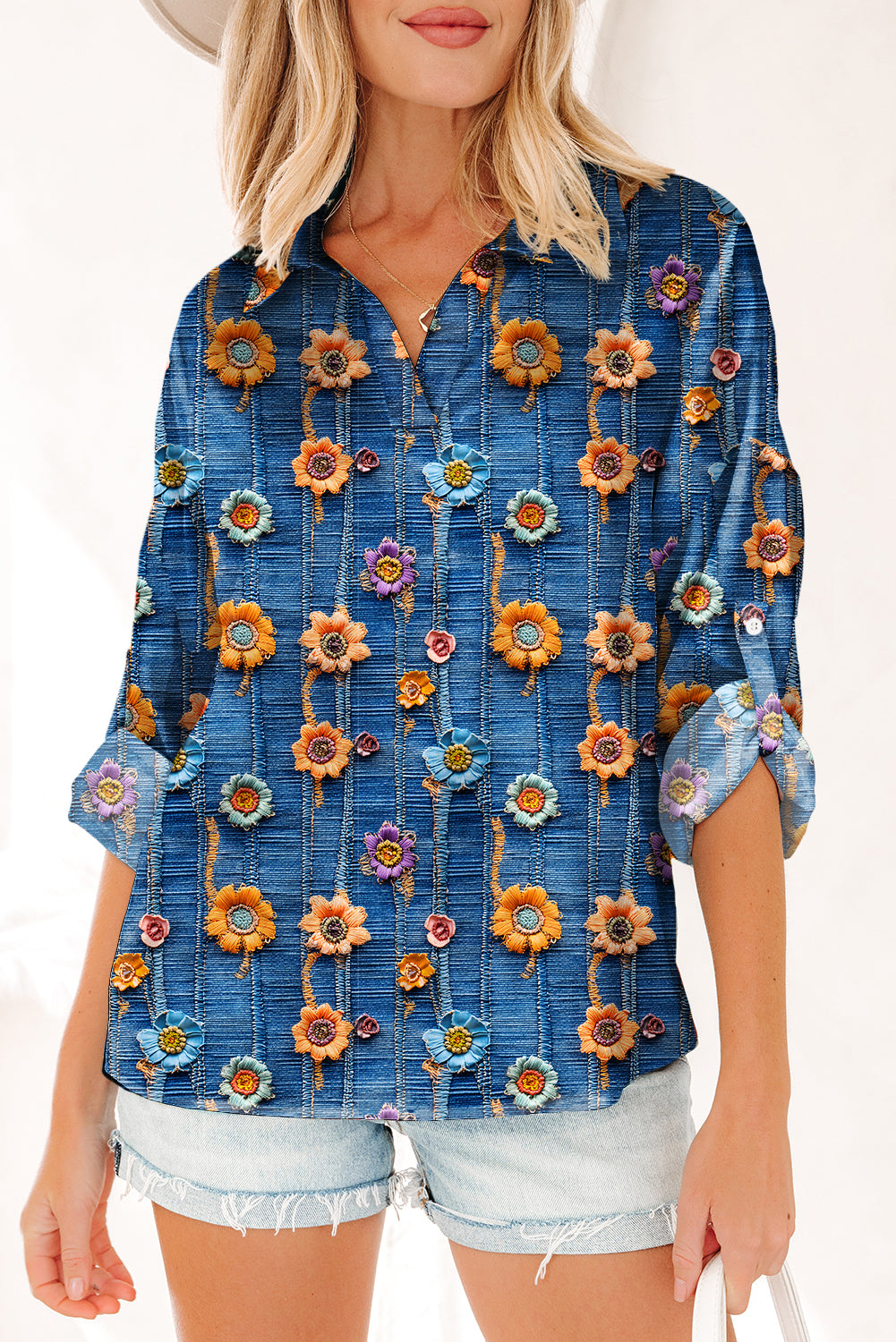 Blue Floral Collared V Neck Roll Up Sleeve Shift Blouse-Tops/Blouses & Shirts-[Adult]-[Female]-2022 Online Blue Zone Planet