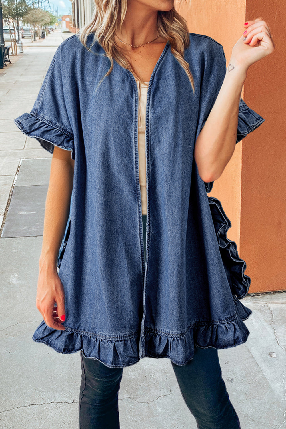 Dusk Blue Chambray Ruffle Hem Half Sleeve Open Loose Kimono-Outerwear/Kimonos-[Adult]-[Female]-Dusk Blue-S-2022 Online Blue Zone Planet