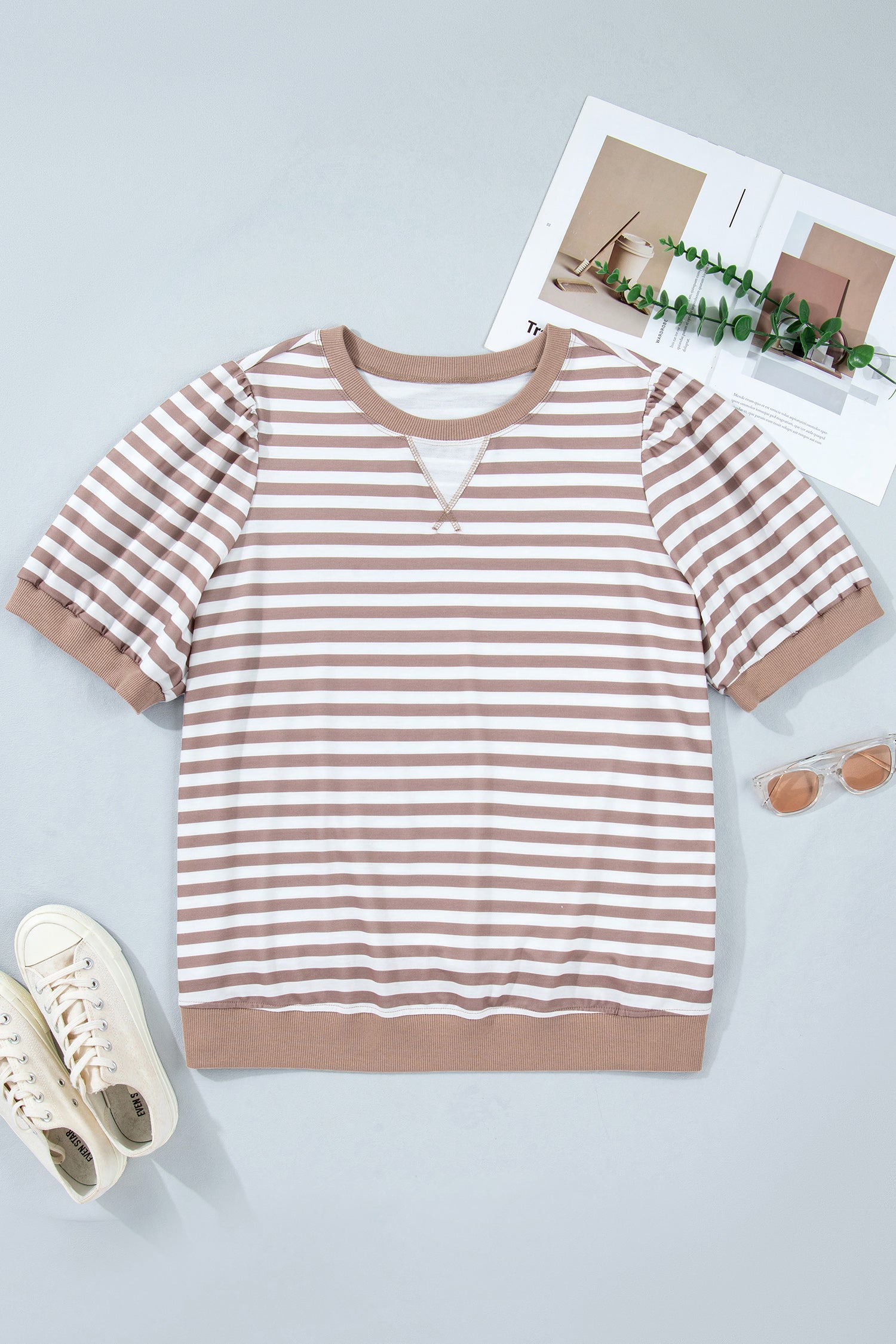 Orange Stripe Ribbed Trim Round Neck Short Puff Sleeve Plus T Shirt-Plus Size/Plus Size Tops-[Adult]-[Female]-2022 Online Blue Zone Planet