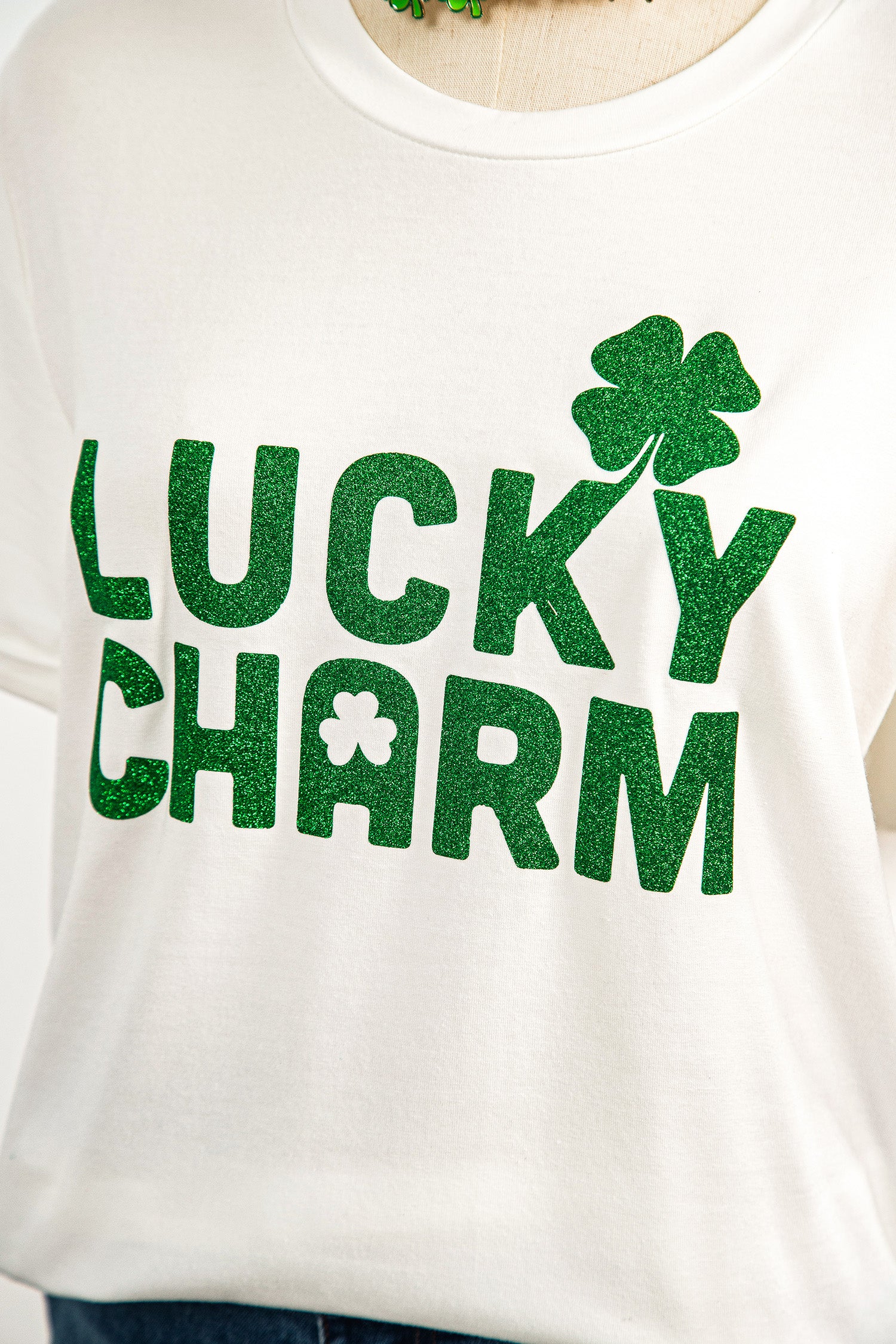 White Lucky Charm Shimmery Print St Patricks Day Clover T Shirt-Graphic/Graphic Tees-[Adult]-[Female]-2022 Online Blue Zone Planet