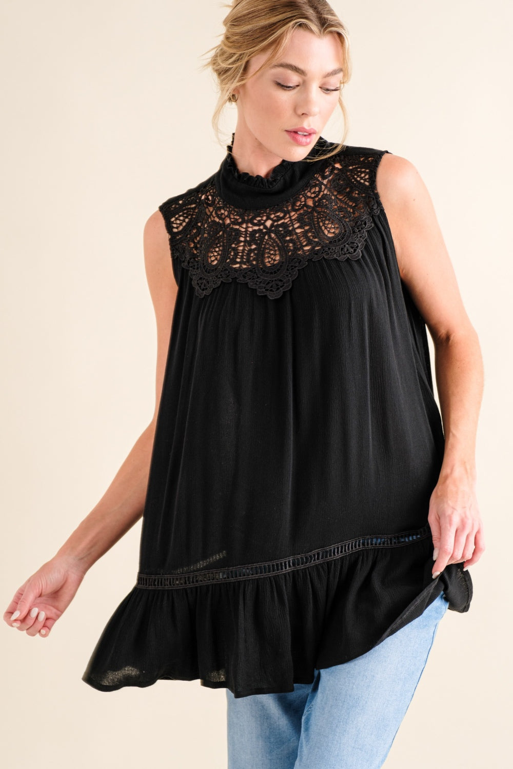 And The Why Lace Detail Sleeveless Ruffled Top-TOPS / DRESSES-[Adult]-[Female]-Black-S-2022 Online Blue Zone Planet