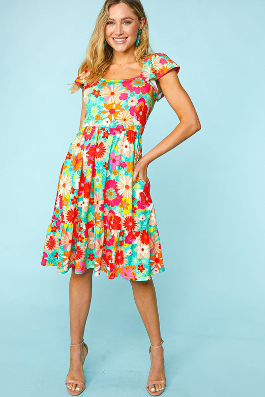 Haptics Floral Square Neck Short Sleeve Dress-TOPS / DRESSES-[Adult]-[Female]-Fuchsia/Mint-S-2022 Online Blue Zone Planet