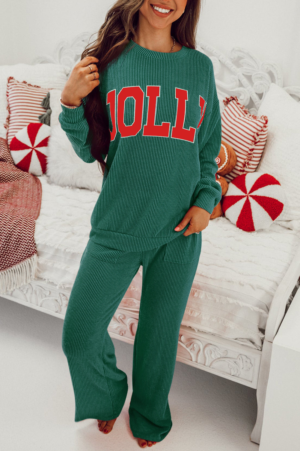 Fiery Red Crinkle Rib JOLLY Pattern Long Sleeve Top and Pockets Pants Set-Two Piece Pants Sets-[Adult]-[Female]-Evergreen-S-2022 Online Blue Zone Planet