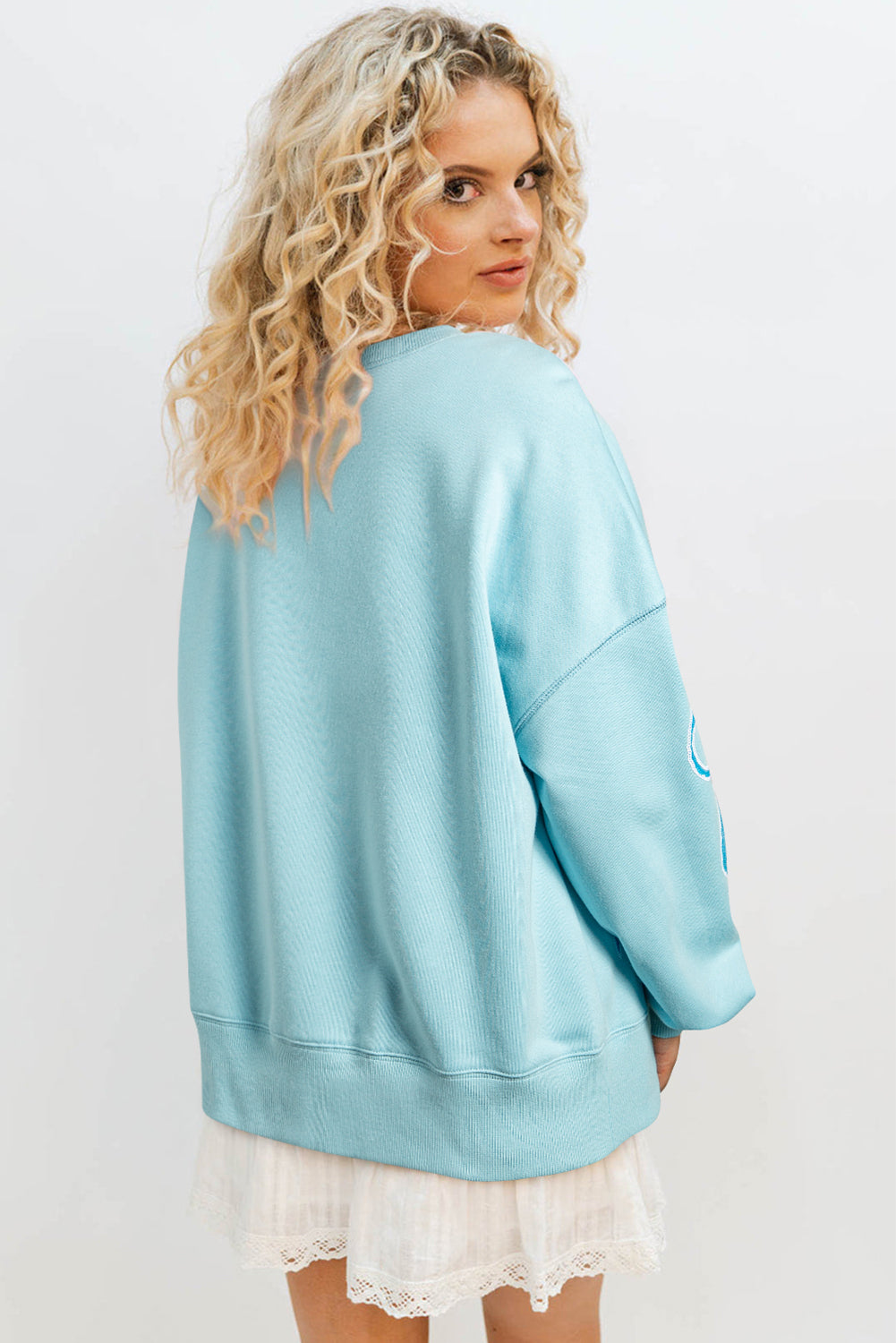 Beau Blue Sequined Bowknot Drop Shoulder Oversized Sweatshirt-Tops/Sweatshirts & Hoodies-[Adult]-[Female]-2022 Online Blue Zone Planet