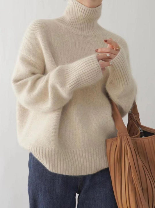 Turtleneck Dropped Shoulder Long Sleeve Sweater-[Adult]-[Female]-Cream-One Size-2022 Online Blue Zone Planet