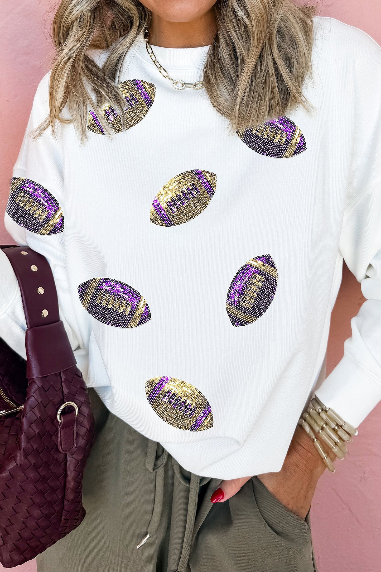 White Game Day Sequin Rugby Pattern Baggy Sweatshirt