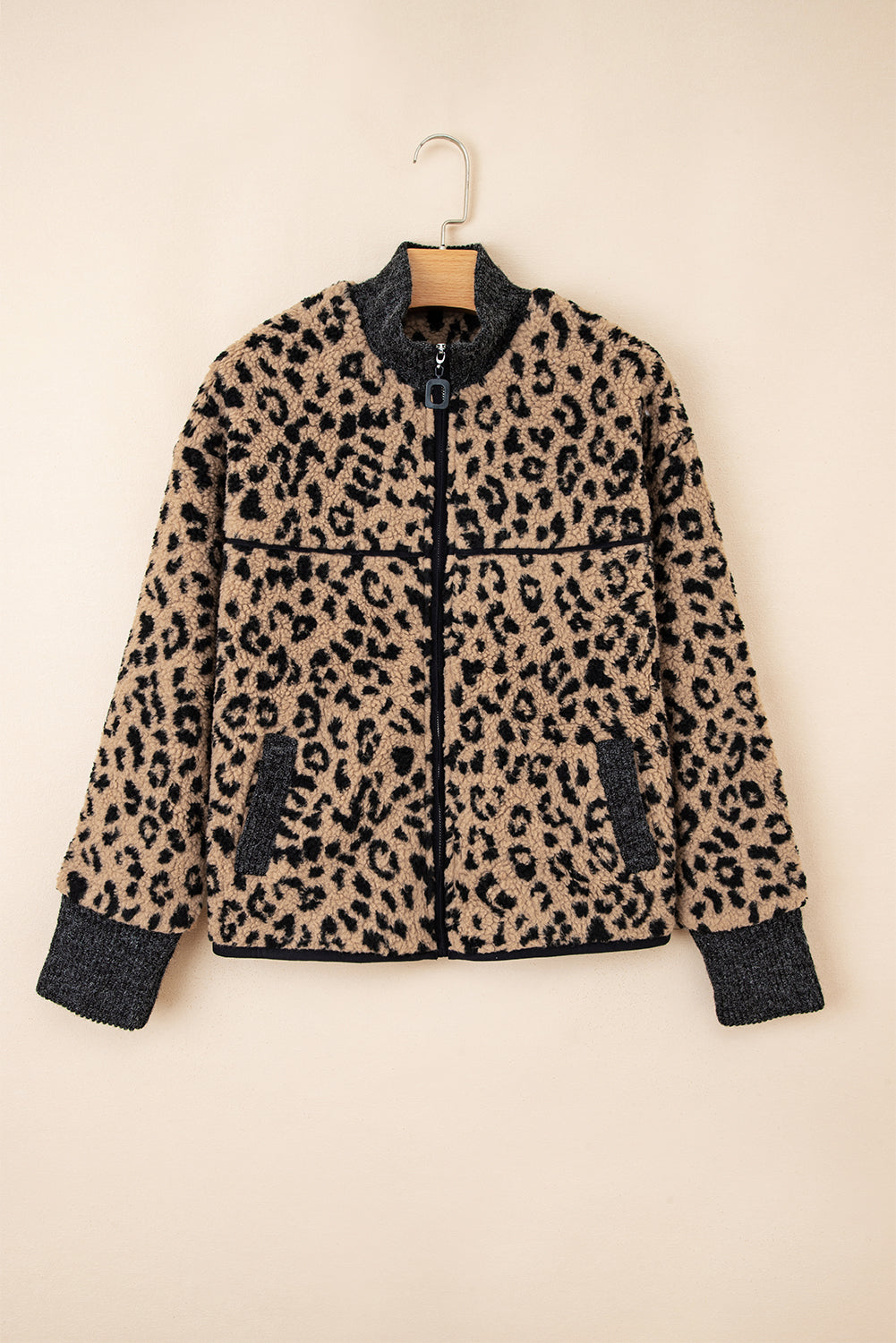 Khaki Leopard Print Zip Up Stand Neck Side Pocket Jacket-Outerwear/Jackets-[Adult]-[Female]-2022 Online Blue Zone Planet