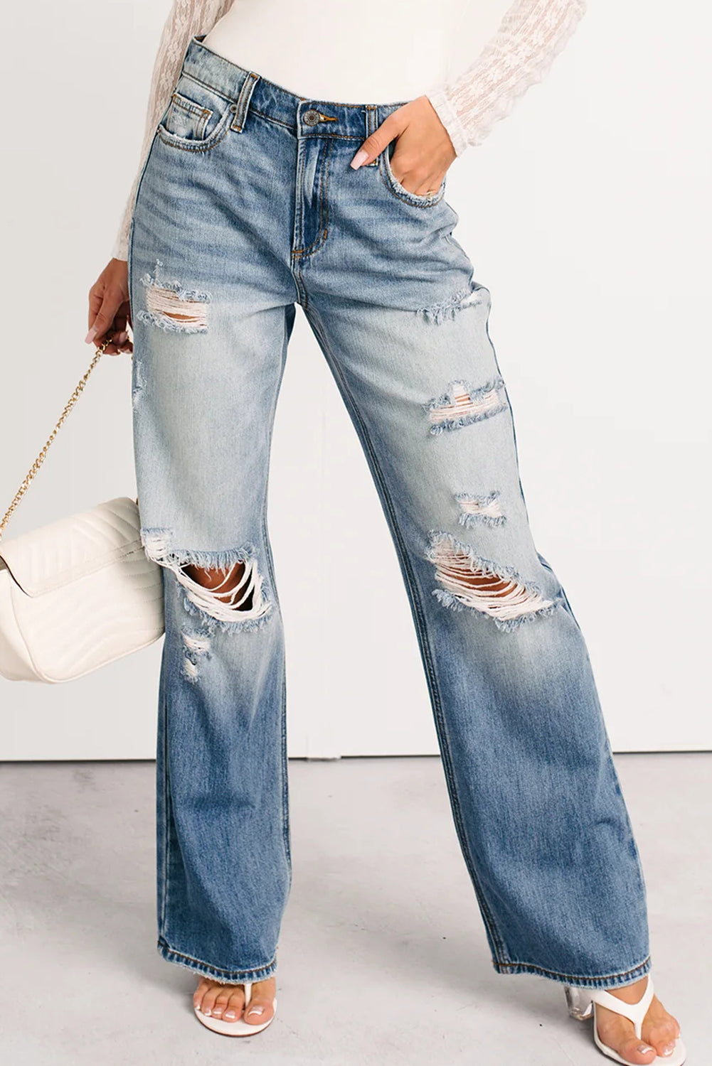 Myosotis Mid Rise Distressed Sneak Peek Straight Leg Jeans-Bottoms/Jeans-[Adult]-[Female]-2022 Online Blue Zone Planet