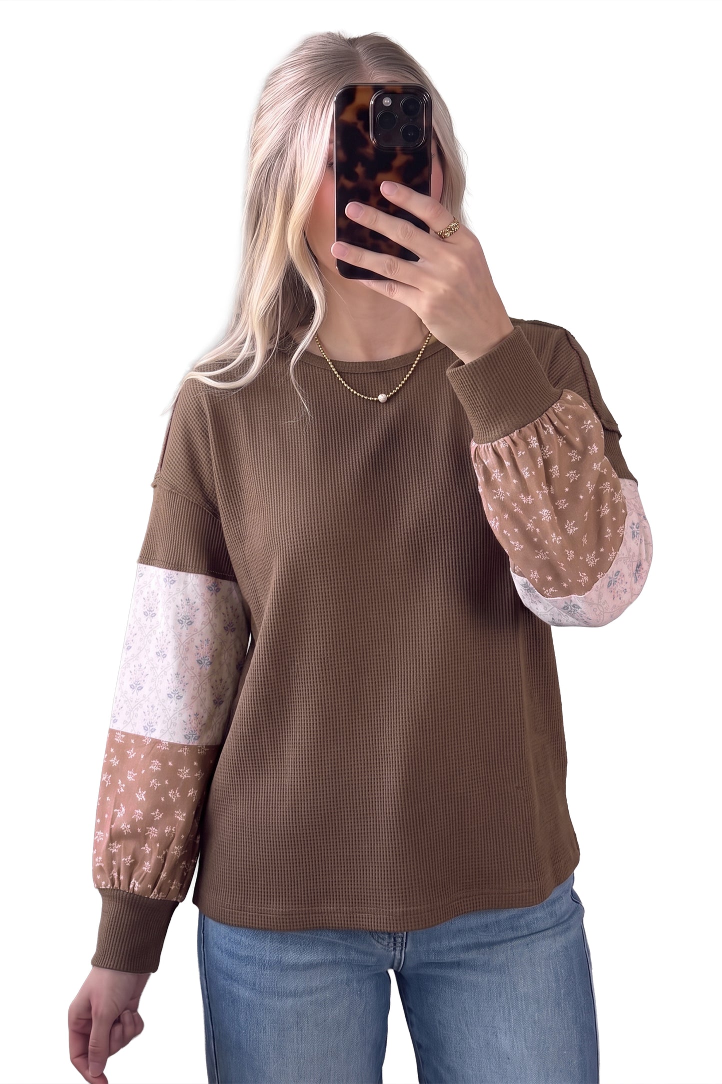 Coffee Floral Print Colorblock Long Sleeve Textured Loose Pullover Tunic Top