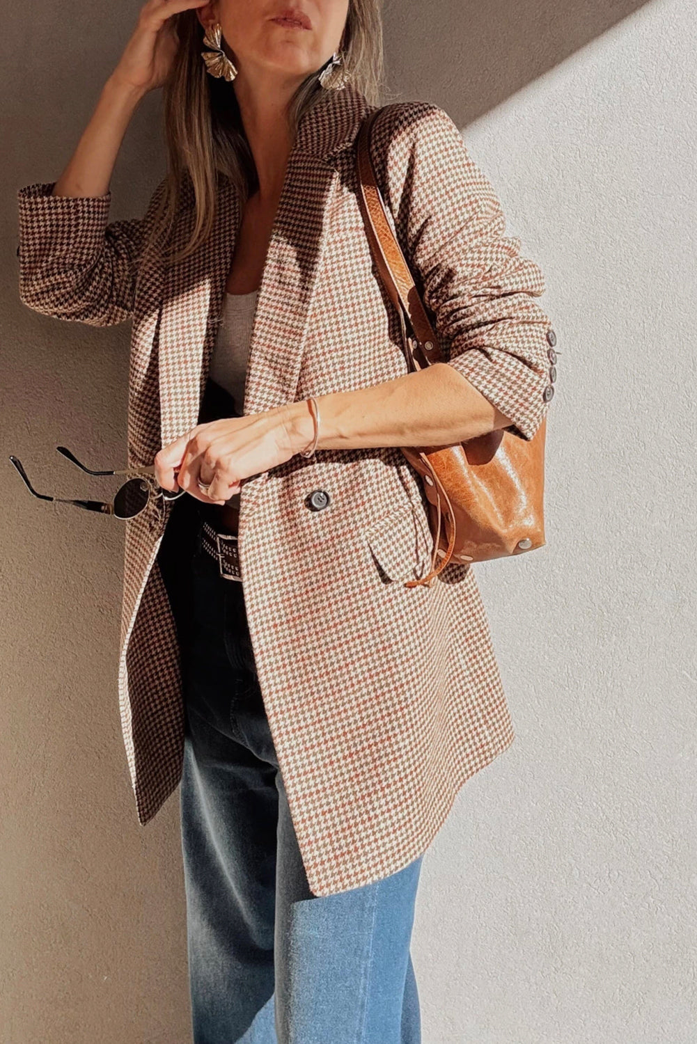Brown Houndstooth Lapel Collar Blazer-Outerwear/Blazers-[Adult]-[Female]-2022 Online Blue Zone Planet