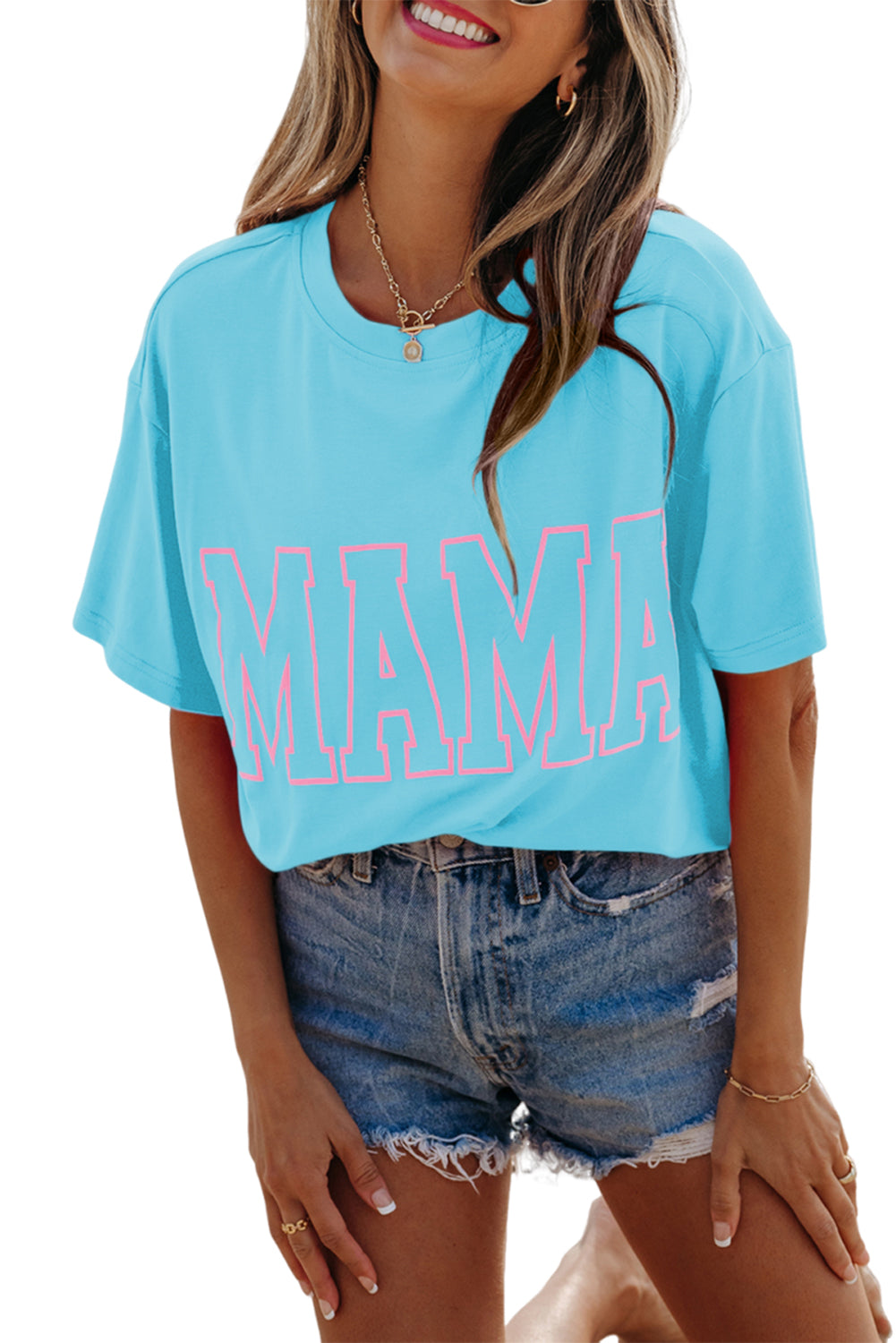 Light Blue Mama Letter Graphic Neon T Shirt-Tops/Tops & Tees-[Adult]-[Female]-2022 Online Blue Zone Planet