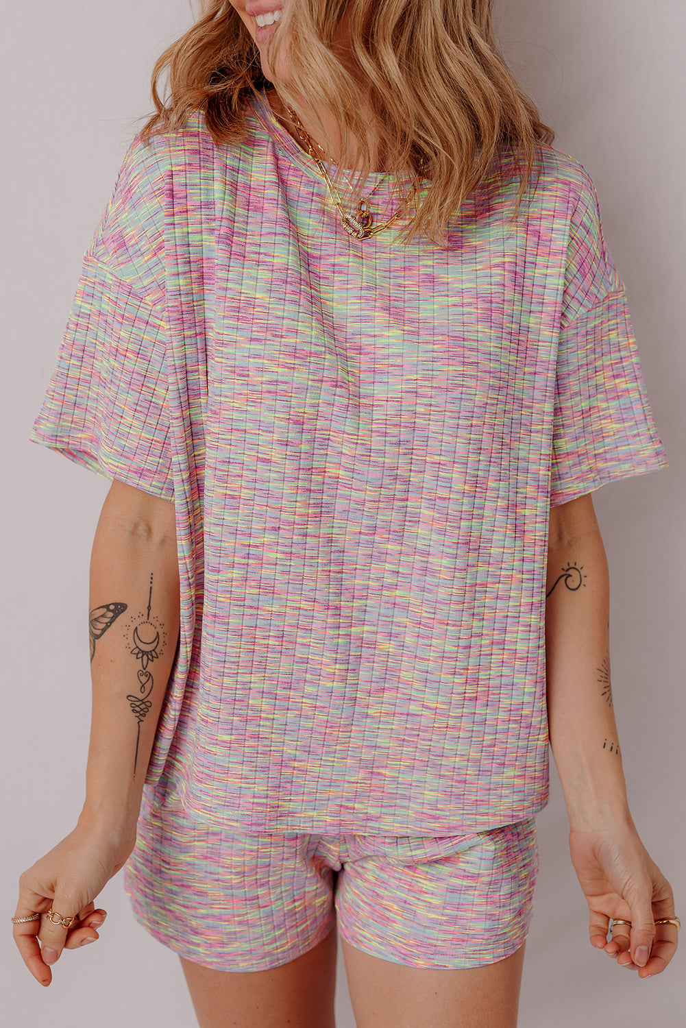 Multicolour Printed Ribbed Knit T Shirt and Shorts Lounge Set-Loungewear & Sleepwear/Loungewear-[Adult]-[Female]-Multicolour-S-2022 Online Blue Zone Planet