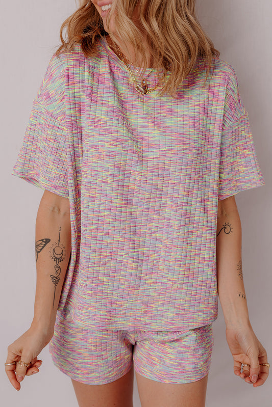 Multicolour Printed Ribbed Knit T Shirt and Shorts Lounge Set-Loungewear & Sleepwear/Loungewear-[Adult]-[Female]-Multicolour-S-2022 Online Blue Zone Planet