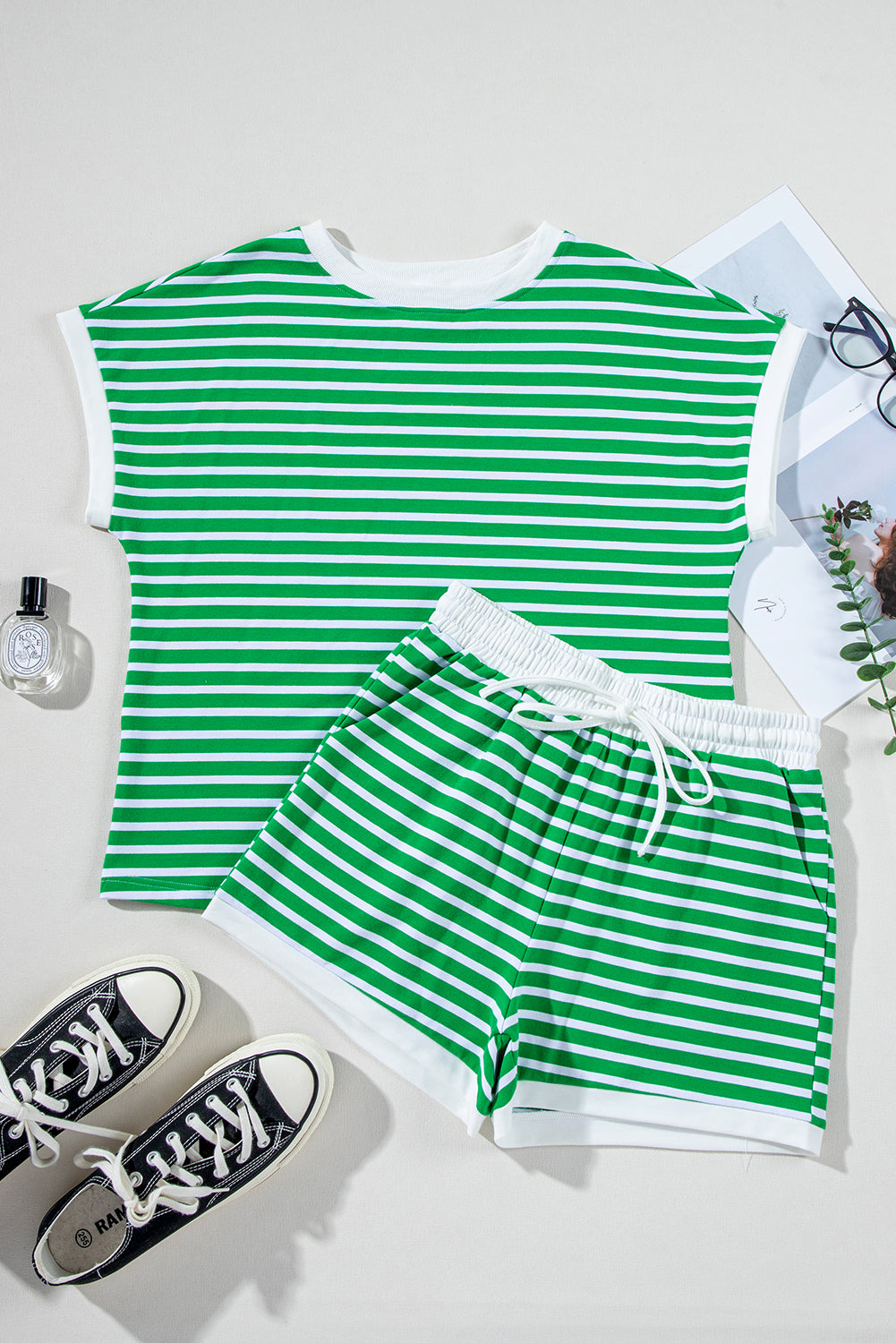Dark Green Striped Cap Sleeve Tee and Shorts Set-Two Piece Sets/Short Sets-[Adult]-[Female]-2022 Online Blue Zone Planet