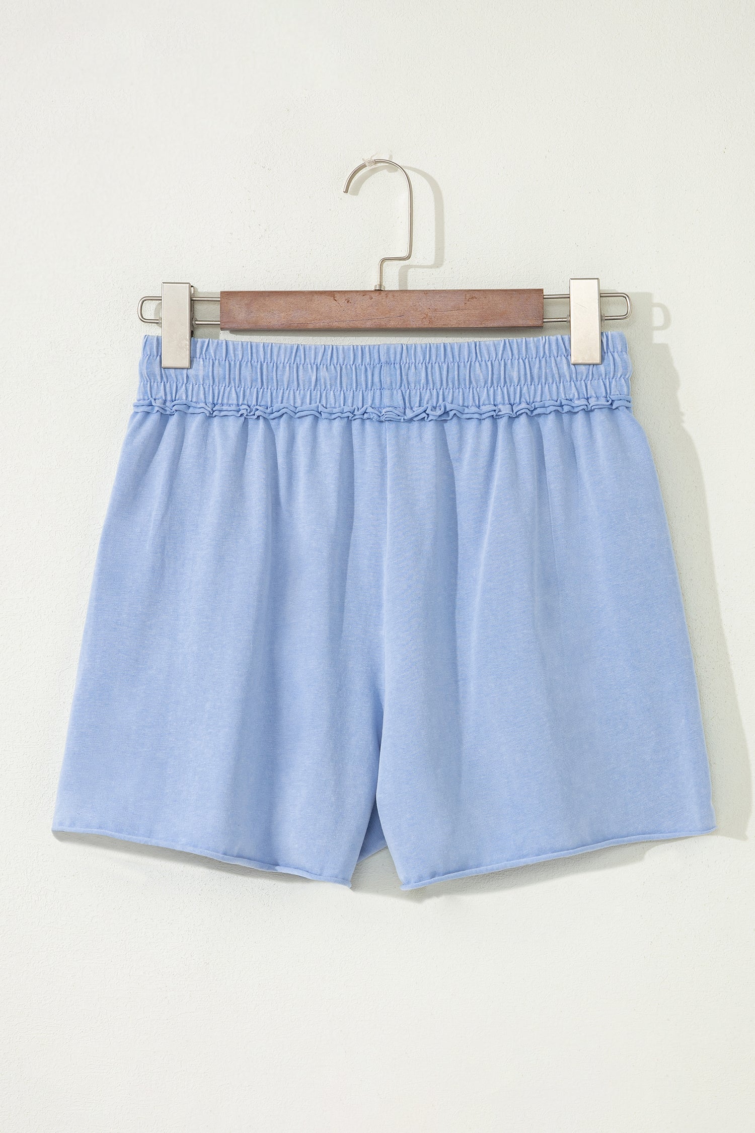 Sky Blue Mineral Washed Drawstring Elastic Waist Raw Cut Shorts-Bottoms/Casual Shorts-[Adult]-[Female]-2022 Online Blue Zone Planet