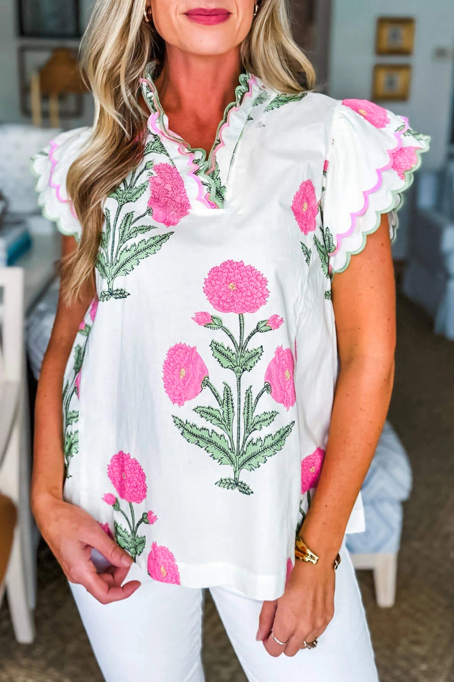Pink Wild Flower Print Contrast Trim Scallop Detail Short Sleeve Blouse-Tops/Blouses & Shirts-[Adult]-[Female]-Pink-S-2022 Online Blue Zone Planet