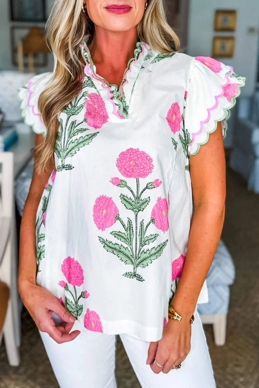 Pink Wild Flower Print Contrast Trim Scallop Detail Short Sleeve Blouse-Tops/Blouses & Shirts-[Adult]-[Female]-Pink-S-2022 Online Blue Zone Planet