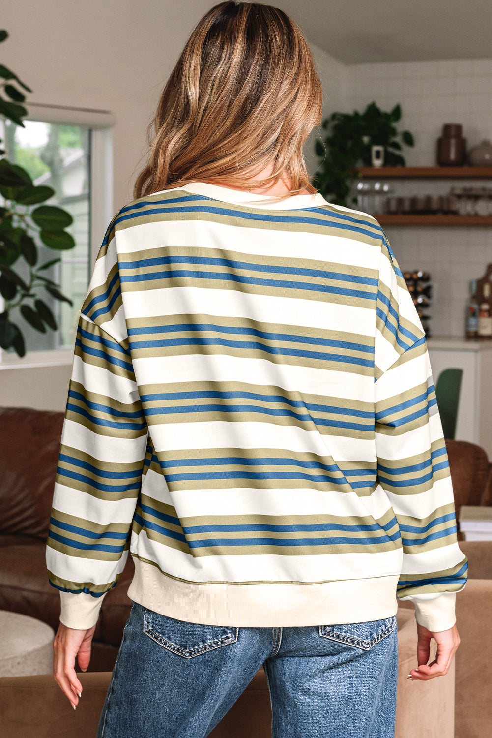 Khaki Stripe Crew Neck Drop Shoulder Pullover Sweatshirt-Tops/Sweatshirts & Hoodies-[Adult]-[Female]-2022 Online Blue Zone Planet