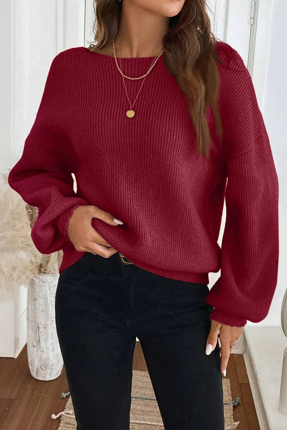 Red Dahlia Ribbed Knit Ribbon Knot Backless Drop Shoulder Sweater-Sweaters & Cardigans/Sweaters-[Adult]-[Female]-2022 Online Blue Zone Planet