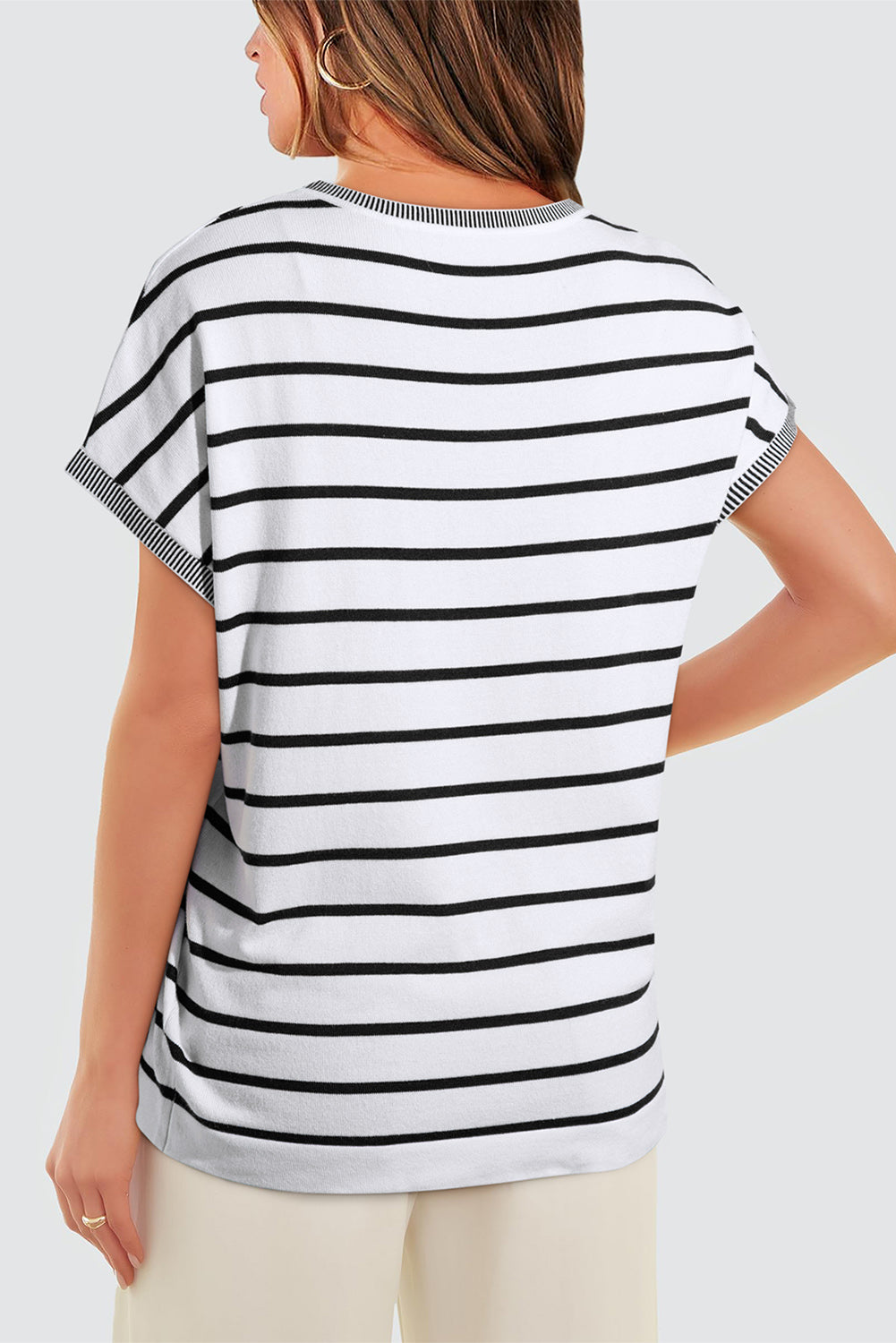 White Stripe Knitted Bat Sleeve T Shirt-Sweaters & Cardigans/Short Sleeve Sweaters-[Adult]-[Female]-2022 Online Blue Zone Planet