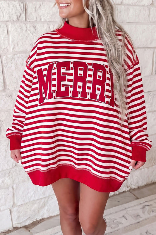 Red Stripe Christmas Slogan Embroidery Patched Mock Neck Oversized Sweatshirt-Tops/Sweatshirts & Hoodies-[Adult]-[Female]-Red Stripe-S-2022 Online Blue Zone Planet