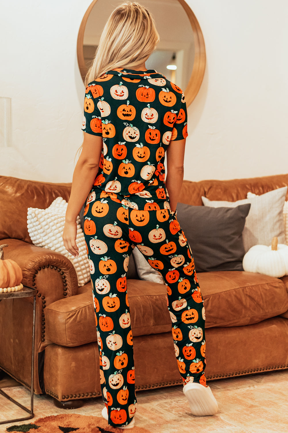 Orange Halloween Pattern Short Sleeve Shirt Pajama Set-Loungewear & Sleepwear/Sleepwear-[Adult]-[Female]-2022 Online Blue Zone Planet