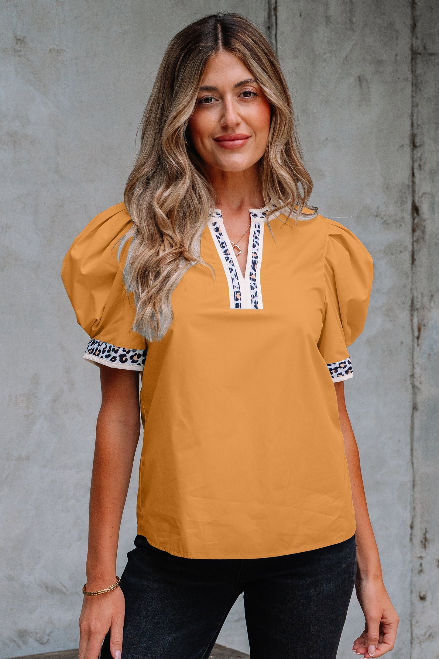 Buckskin Contrast Leopard Trim Split Neck Puff Sleeve Blouse-Tops/Blouses & Shirts-[Adult]-[Female]-2022 Online Blue Zone Planet