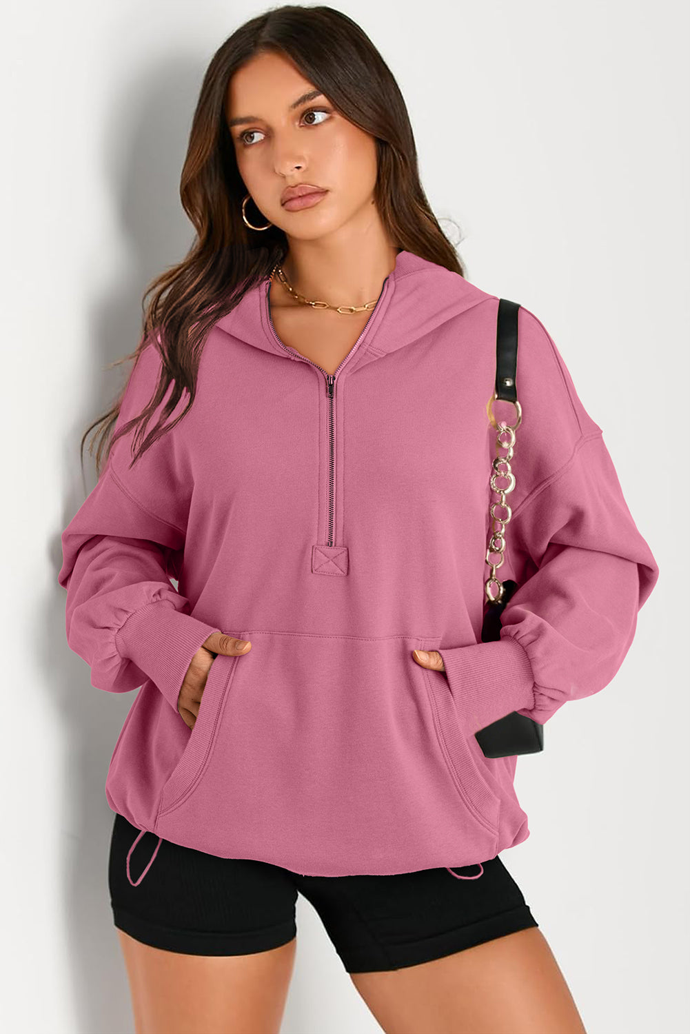 Pocketed Half Zip Long Sleeve Hoodie-HOODIES-[Adult]-[Female]-Dusty Pink-S-2022 Online Blue Zone Planet