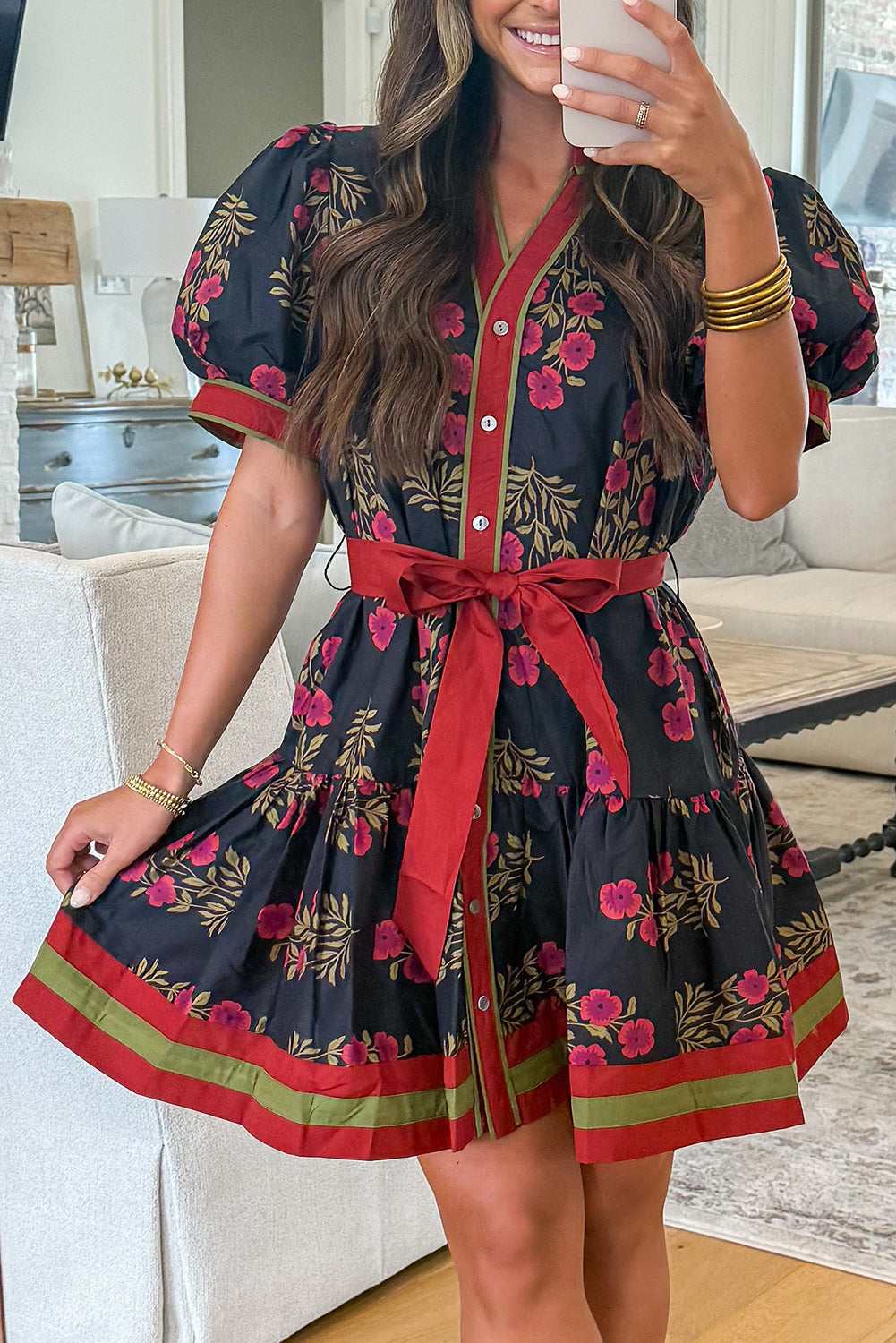 Black Retro Floral Print Button Down Belted Short Puff Sleeve Mini Dress-TOPS / DRESSES-[Adult]-[Female]-2022 Online Blue Zone Planet