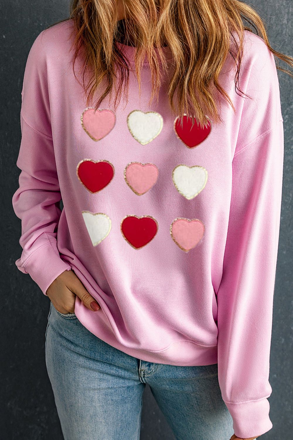 Blue Zone Planet | Contrast Heart Long Sleeve Sweatshirt-TOPS / DRESSES-[Adult]-[Female]-Blush Pink-S-2022 Online Blue Zone Planet