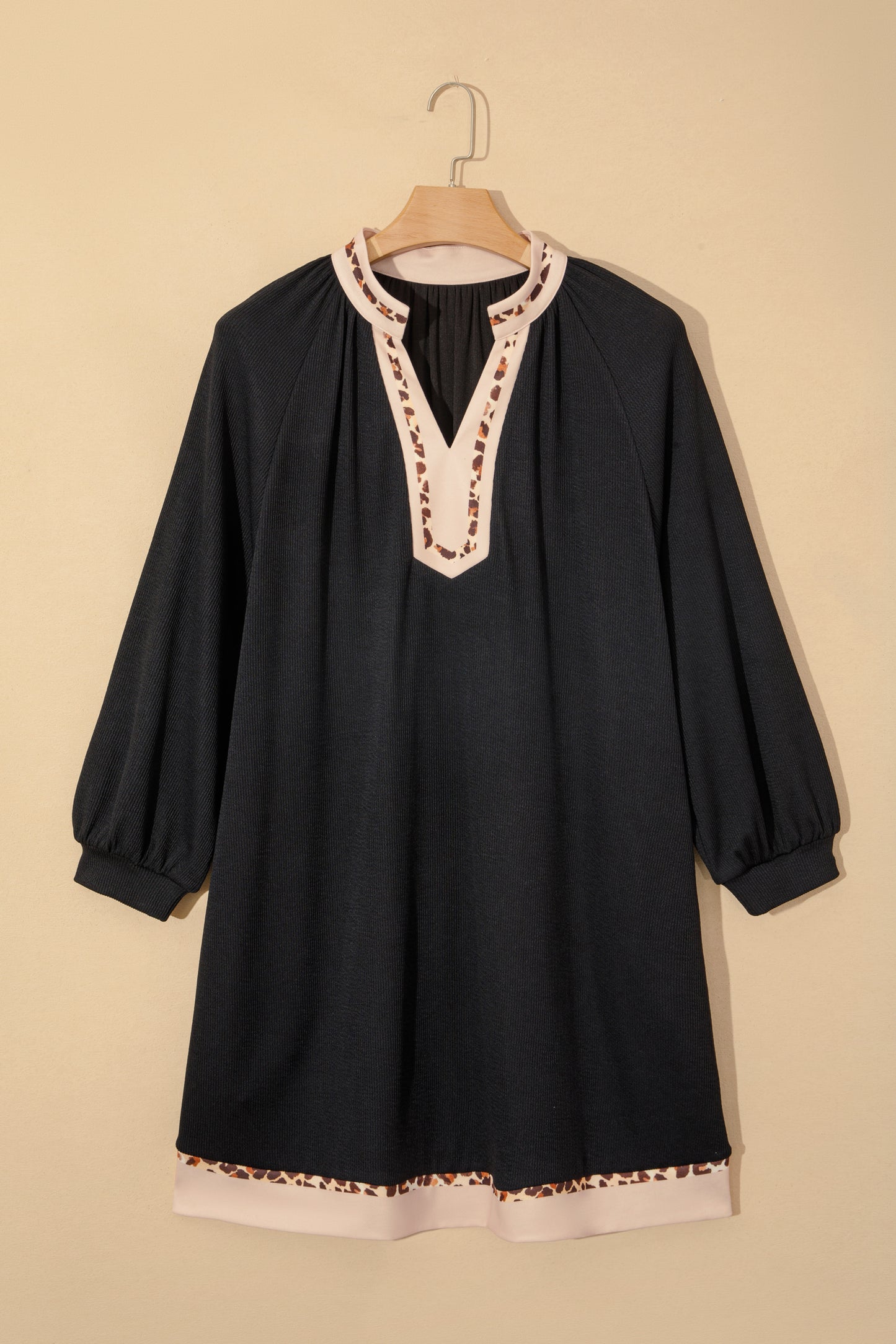 Black Contrast Color Block Leopard Trim Plus Size Ribbed Dress-TOPS / DRESSES-[Adult]-[Female]-2022 Online Blue Zone Planet