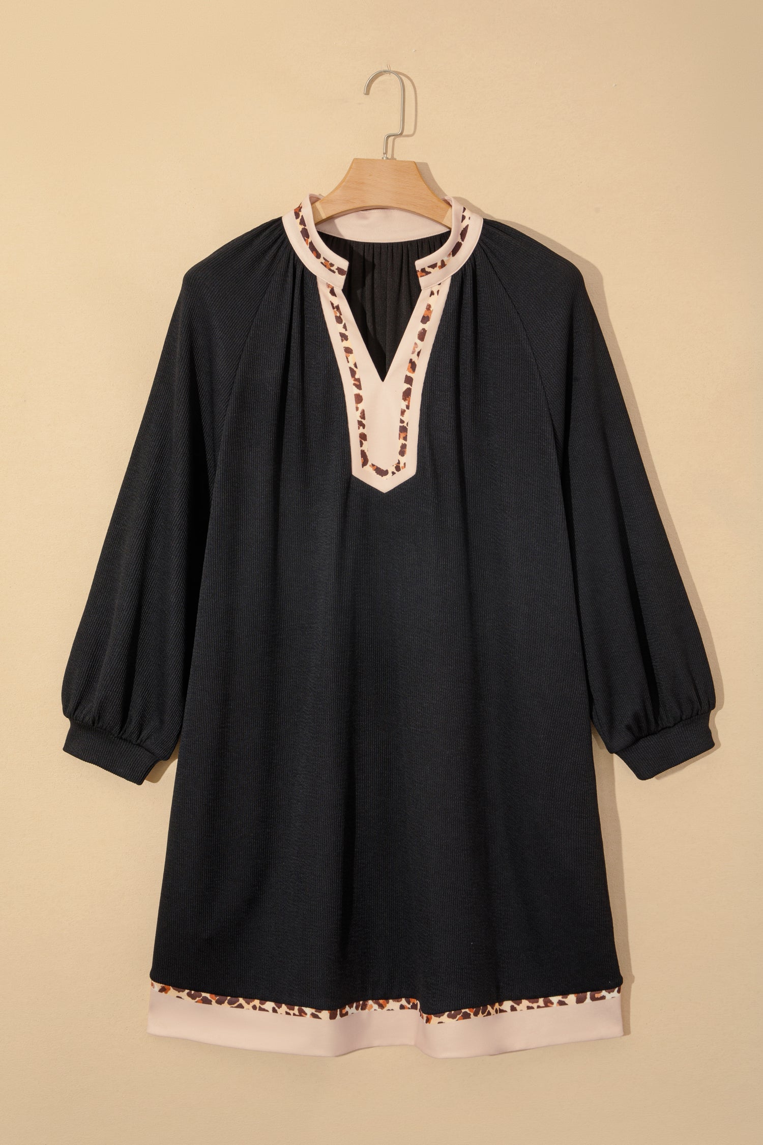 Black Contrast Color Block Leopard Trim Plus Size Ribbed Dress-TOPS / DRESSES-[Adult]-[Female]-2022 Online Blue Zone Planet